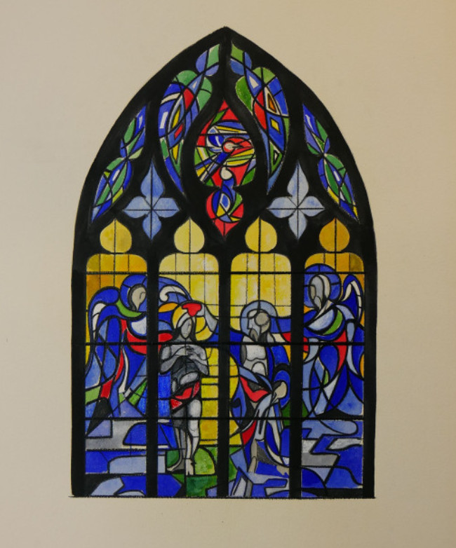 Exposition : bleu, rouge et or, les vitraux de Danièle Perré pour l'église Saint-Jean Le baptême du Christ. Danièle Perré, 1969. © Musée de Normandie - Ville de Caen